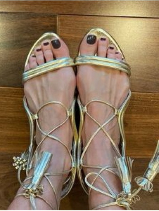Gianvito Rossi Shoes - Gianvito Rossi Inspired Grigiarancio Gold Metallic Lace Tie Up Tassel Sandals 37